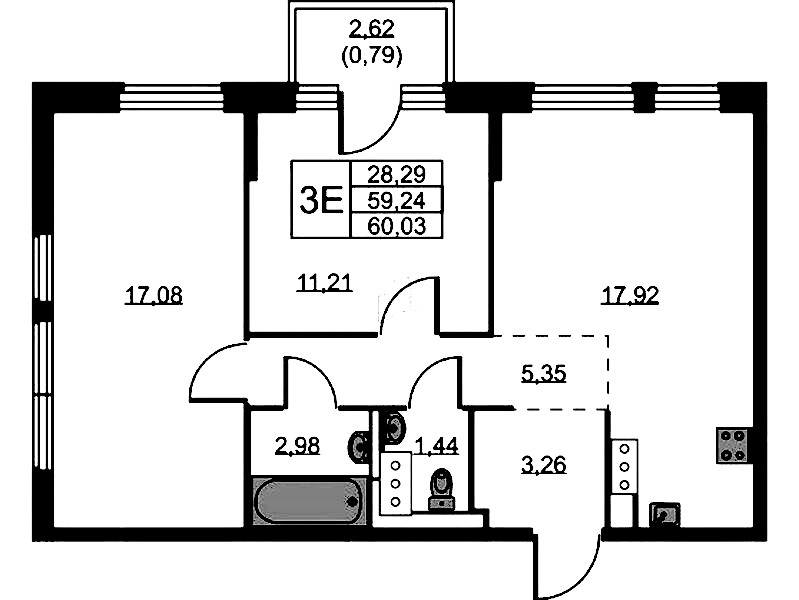 2-комнатная квартира 60.03 м², 9/11 эт., ЖК «Новое Колпино»
